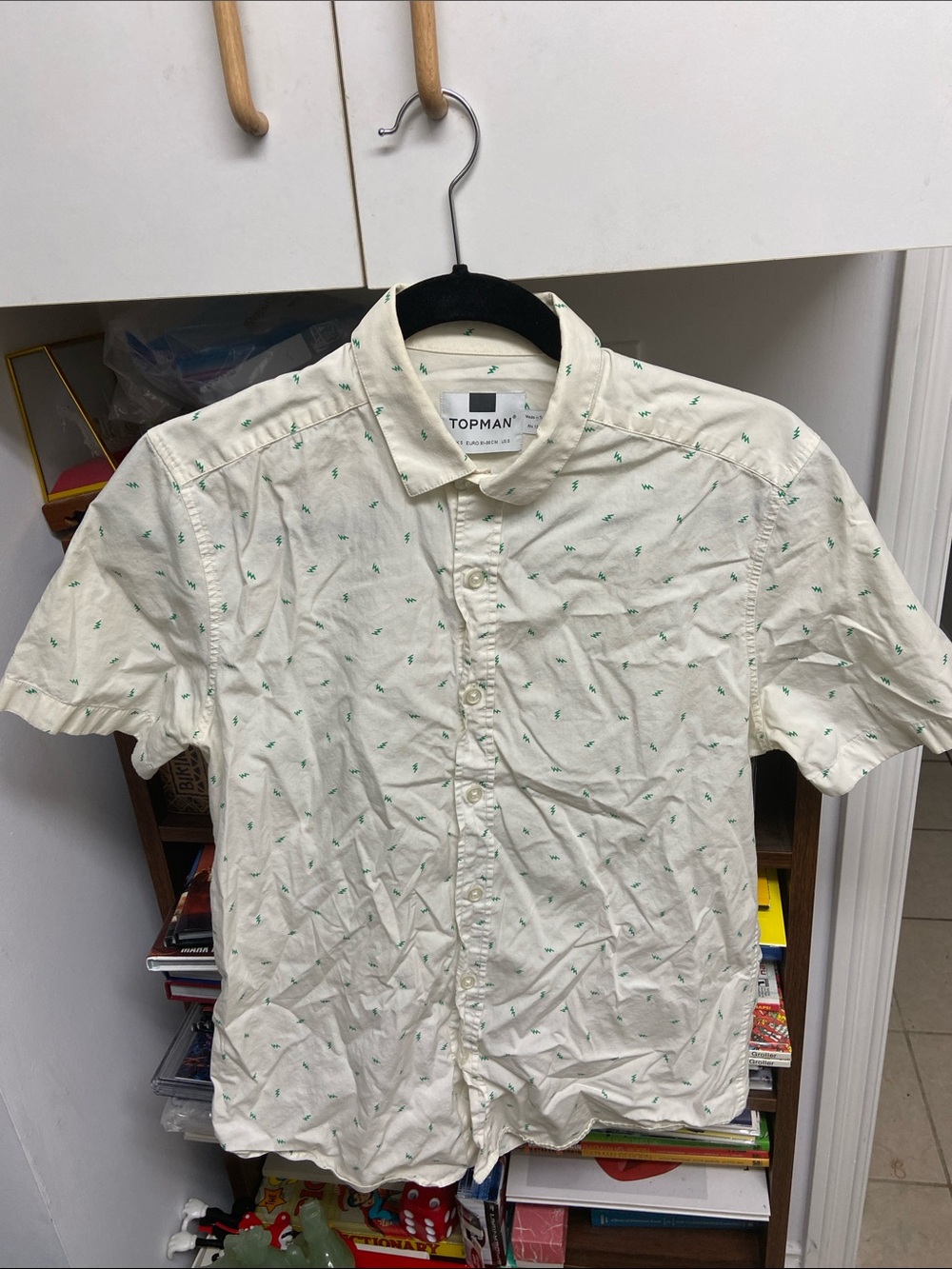 Topman Cream Short-Sleeve Button-Down Shirt with Green Micro Lightning Print